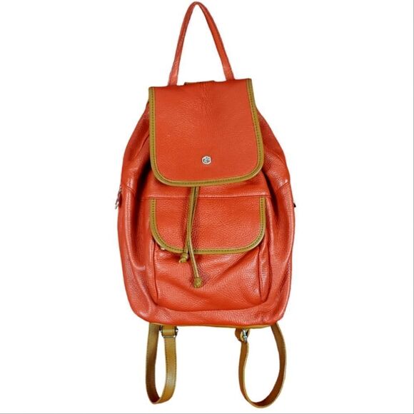 VALENTINA PEBBLE LEATHER BUCKET BACKPACK ORANGE - Picture 1 of 13